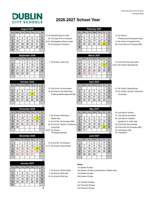 Dublin City Schools 2026–2027 Academic Calendar