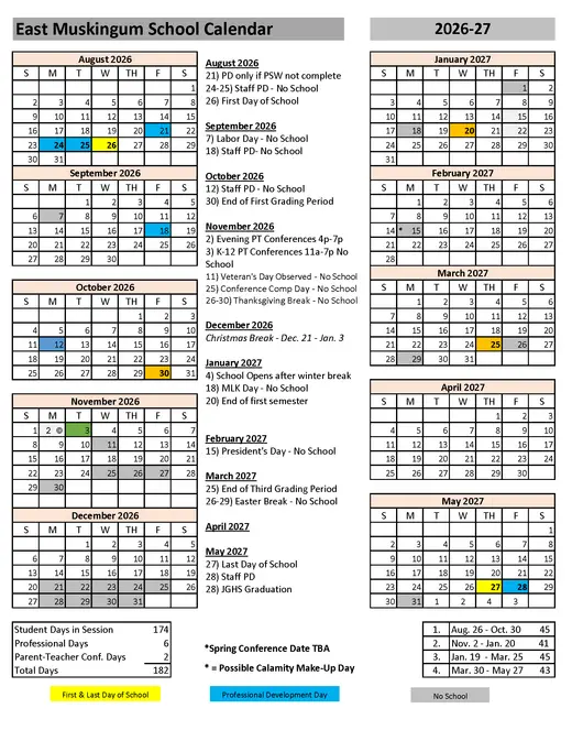 East Muskingum School 2026–2027 Academic Calendar Page 1