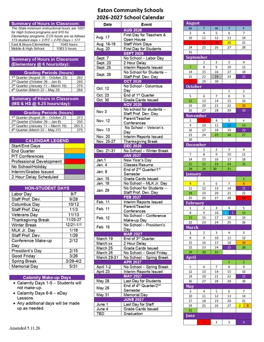 Eaton Community Schools 2026–2027 Academic Calendar Page 2