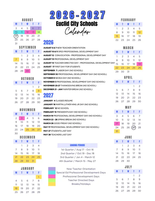 Euclid City Schools 2026–2027 Academic Calendar Page 1