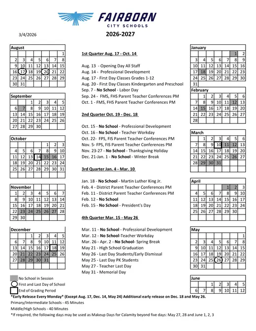Fairborn City Schools 2026–2027 Academic Calendar