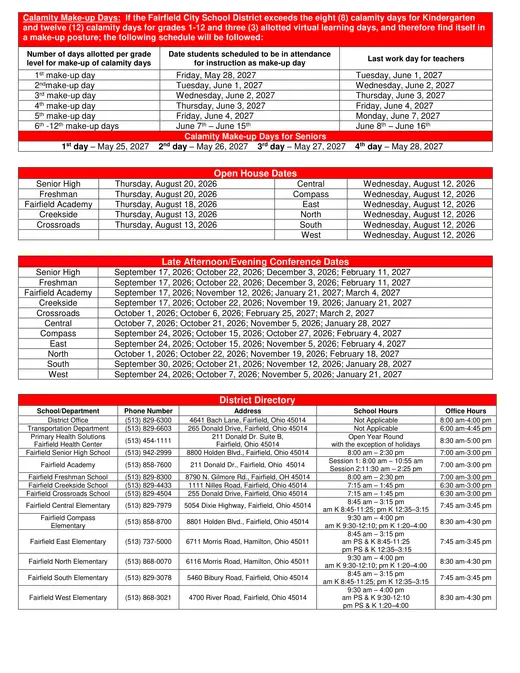 Fairfield City School District 2026–2027 Academic Calendar Page 2