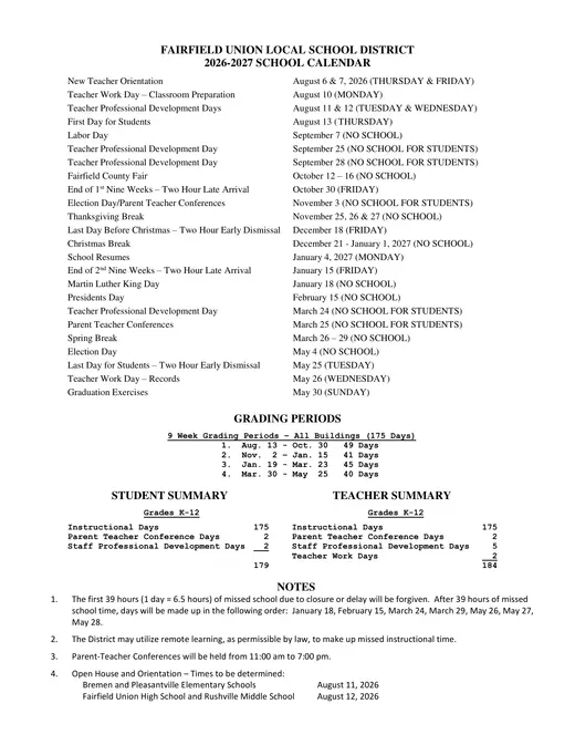 Fairfield Union Local School District 2026–2027 Academic Calendar
