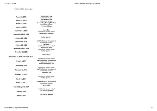 Findlay City Schools 2026–2027 Academic Calendar Page 1