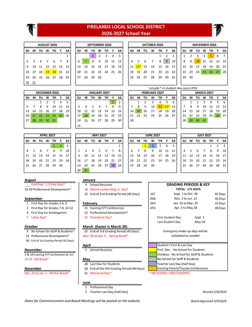 Firelands Local School District 2026–2027 Academic Calendar