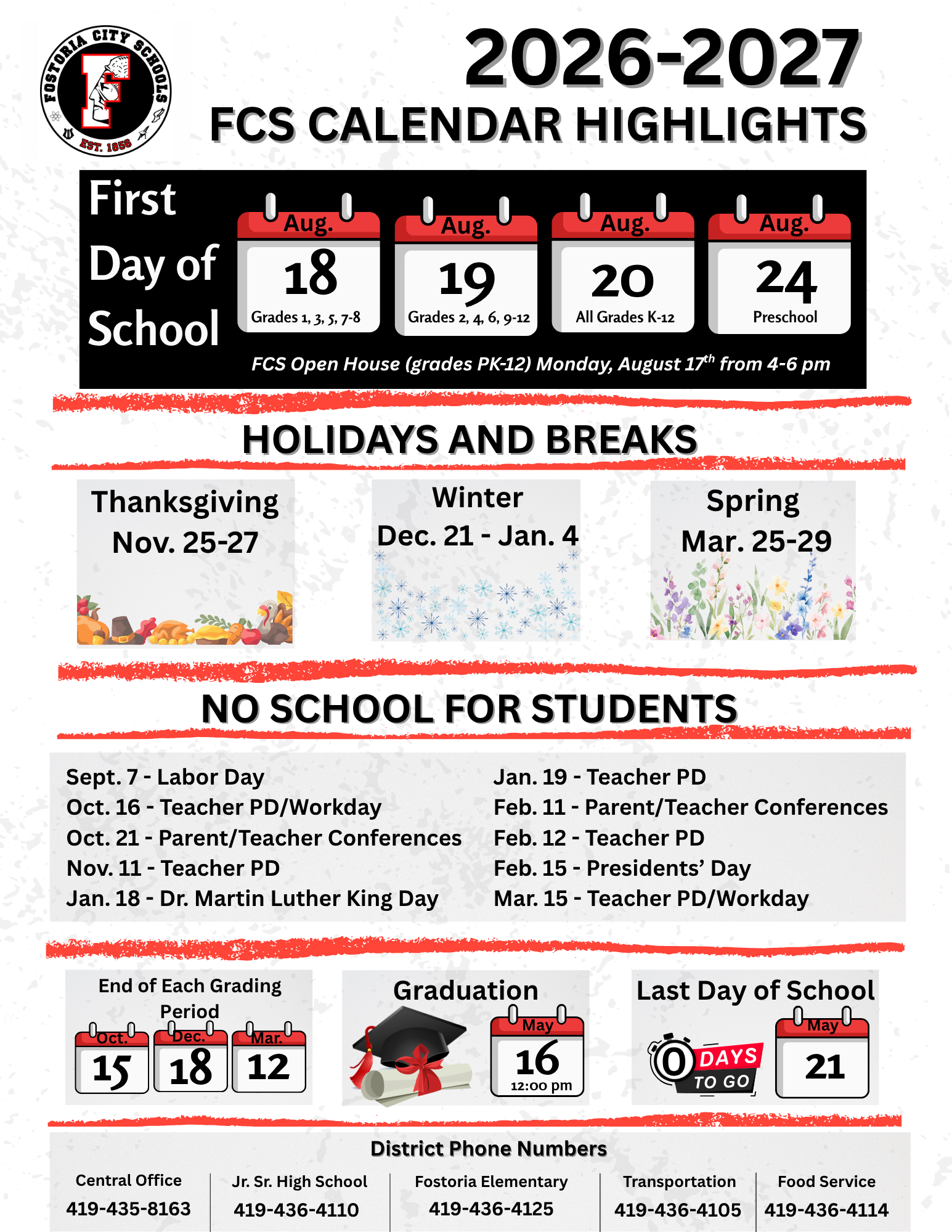 Fostoria City Schools 2026–2027 Academic Calendar Page 2