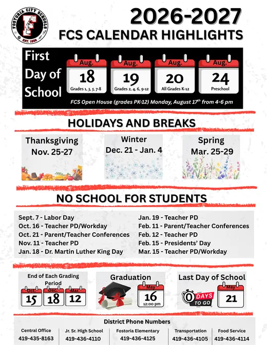 Fostoria City Schools 2026–2027 Academic Calendar Page 2