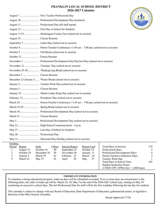 Franklin Local School District 2026–2027 Academic Calendar