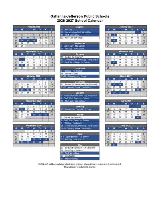 Gahanna-Jefferson Public Schools 2026–2027 Academic Calendar