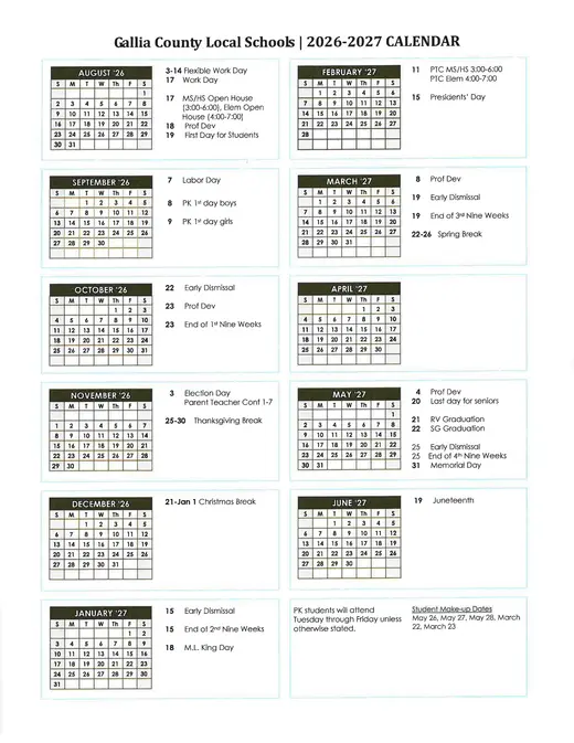 Gallia County Local Schools 2026–2027 Academic Calendar