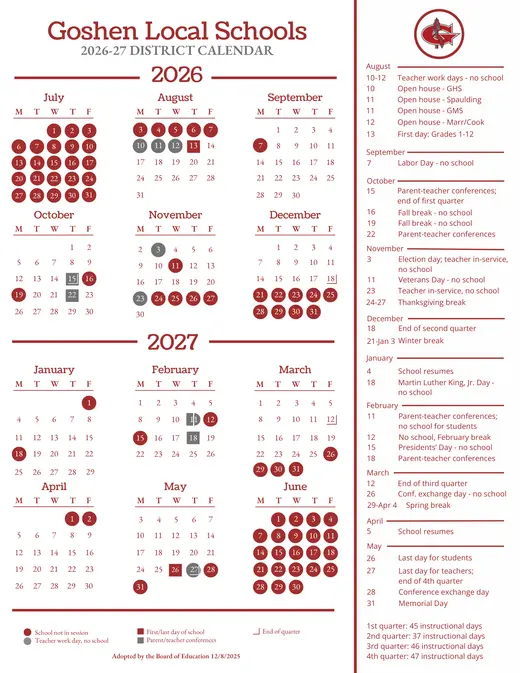 Goshen Local Schools 2026–2027 Academic Calendar