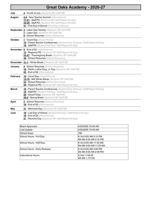 Great Oaks Academy 2026–2027 Academic Calendar Page 2