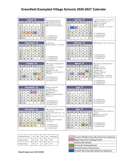 Greenfield Exempted Village Schools 2026–2027 Academic Calendar