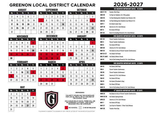 Greenon Local District 2026–2027 Academic Calendar