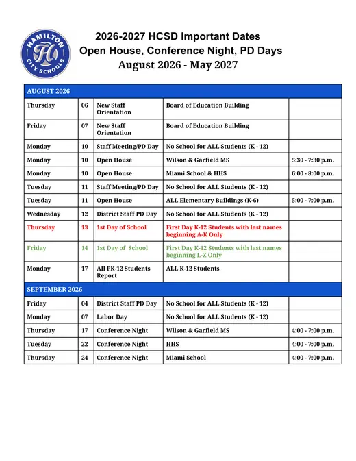 Hamilton City Schools 2026–2027 Academic Calendar Page 1