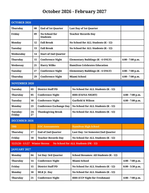 Hamilton City Schools 2026–2027 Academic Calendar Page 2