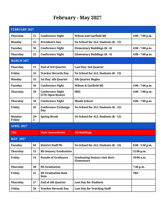 Hamilton City Schools 2026–2027 Academic Calendar Page 3