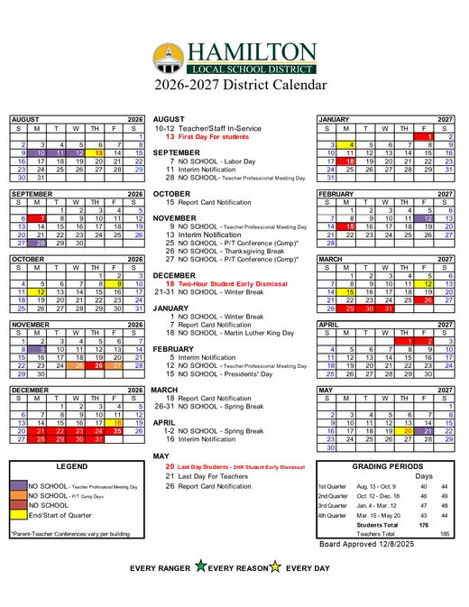 Hamilton Local School District 2026–2027 Academic Calendar Page 1