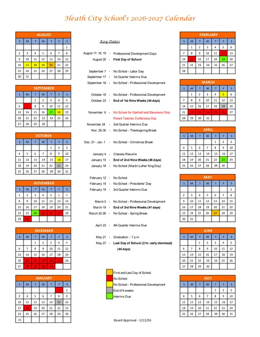 Heath City School 2026–2027 Academic Calendar