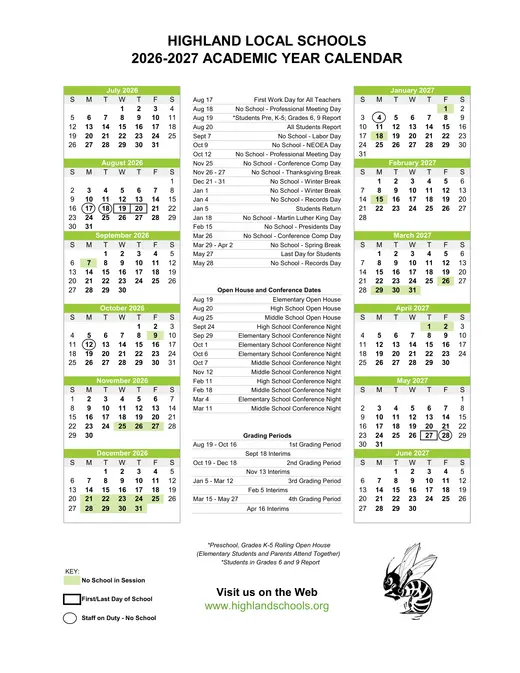 Highland Local Schools 2026–2027 Academic Calendar