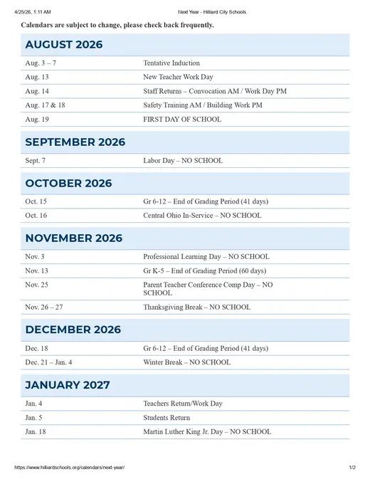 Hilliard City Schools 2026–2027 Academic Calendar Page 1