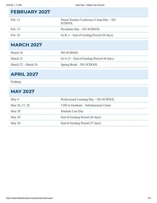 Hilliard City Schools 2026–2027 Academic Calendar Page 2