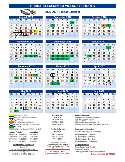 Hubbard Exempted Village Schools 2026–2027 Academic Calendar