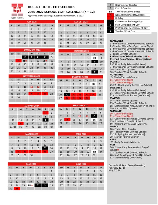 Huber Heights City Schools 2026–2027 Academic Calendar Page 1
