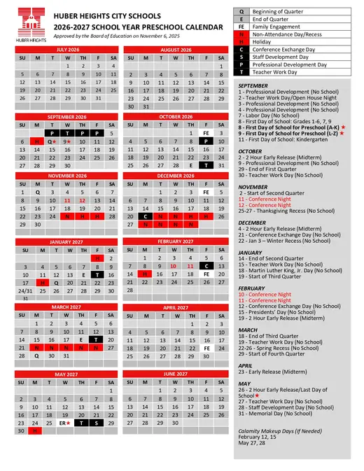 Huber Heights City Schools 2026–2027 Academic Calendar Page 2