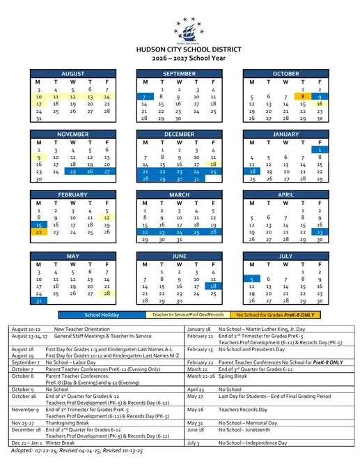 Hudson City School District 2026–2027 Academic Calendar