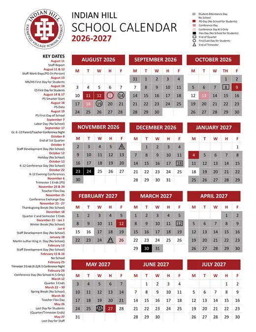 Indian Hill Exempted Village School District 2026–2027 Academic Calendar