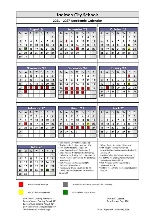 Jackson City Schools 2026–2027 Academic Calendar Page 2