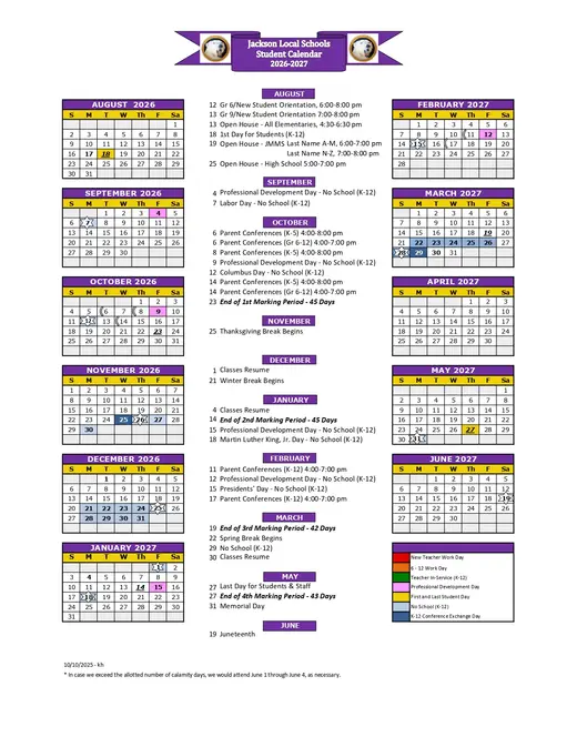 Jackson Local Schools 2026–2027 Academic Calendar