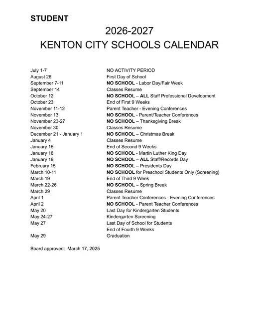 Kenton City Schools 2026–2027 Academic Calendar