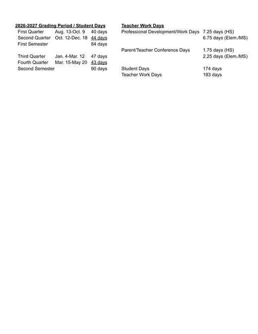 Kettering City School District 2026–2027 Academic Calendar Page 2