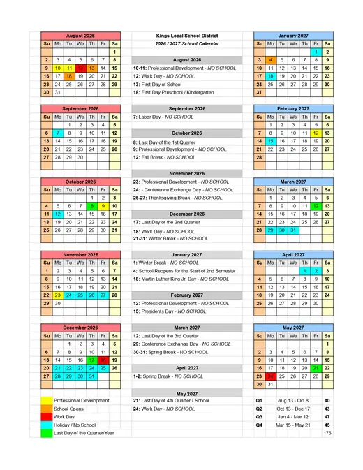 Kings Local School District 2026–2027 Academic Calendar