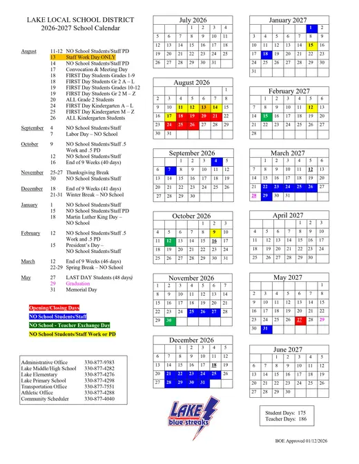 Lake Local School District 2026–2027 Academic Calendar Page 2