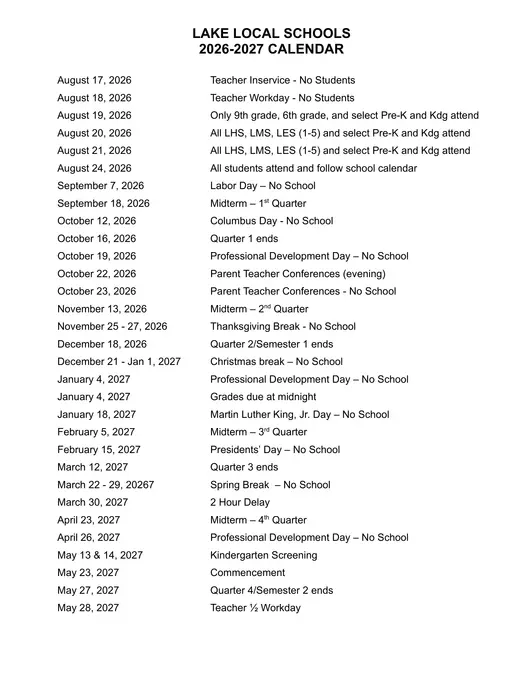 Lake Local Schools 2026–2027 Academic Calendar