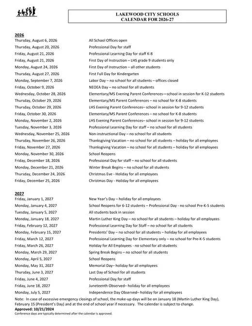 Lakewood City Schools 2026–2027 Academic Calendar