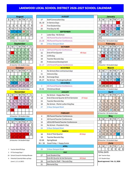 Lakewood Local School District 2026–2027 Academic Calendar
