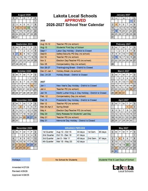 Lakota Local Schools 2026–2027 Academic Calendar