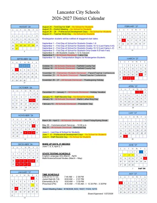 Lancaster City Schools 2026–2027 Academic Calendar Page 1