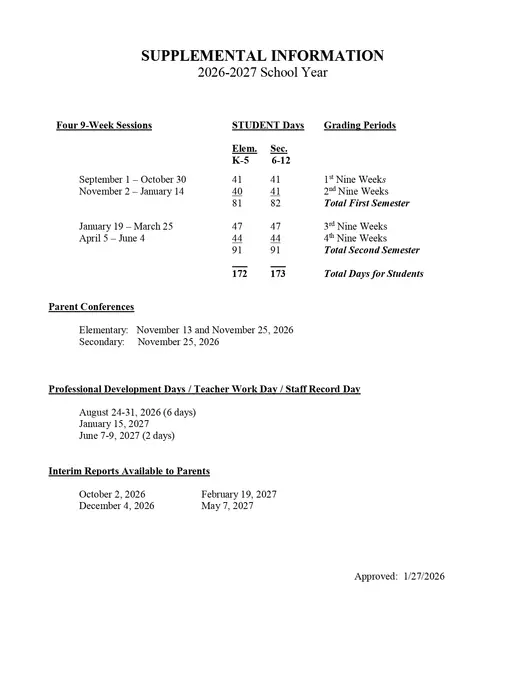 Lancaster City Schools 2026–2027 Academic Calendar Page 2