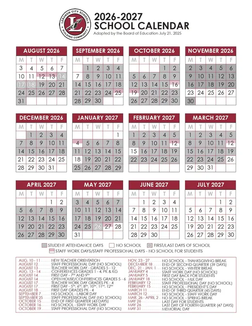 Lebanon City Schools 2026–2027 Academic Calendar