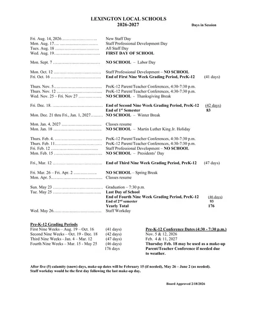 Lexington Local Schools 2026–2027 Academic Calendar