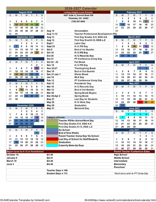Licking Heights Local Schools 2026–2027 Academic Calendar