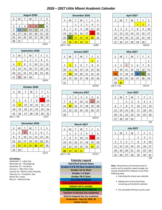 Little Miami Local Schools 2026–2027 Academic Calendar Page 1