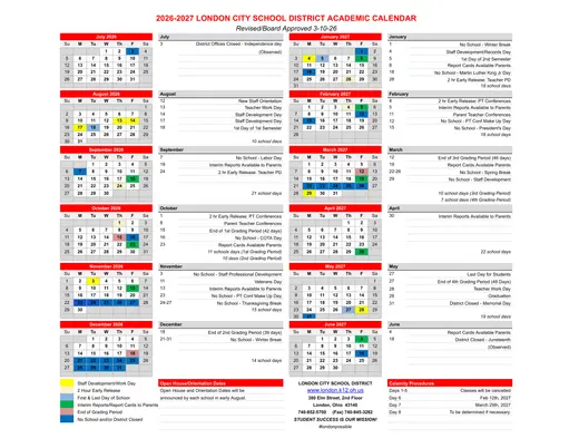London City School District 2026–2027 Academic Calendar