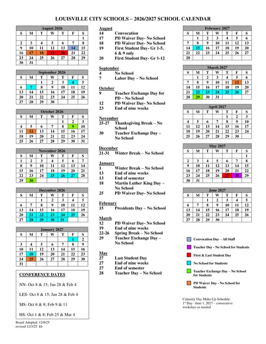 Louisville City Schools 2026–2027 Academic Calendar