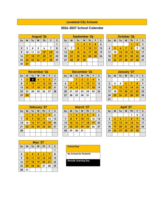 Loveland City Schools 2026–2027 Academic Calendar Page 1